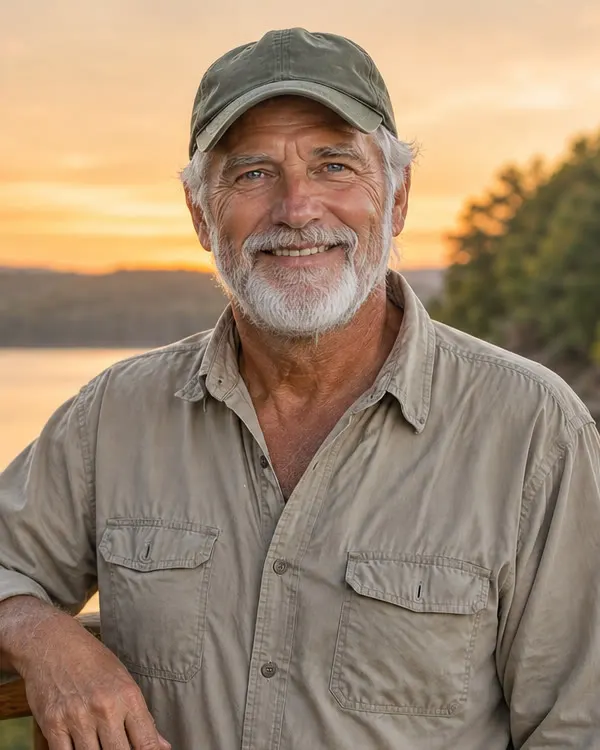 Clyde Rowe on his porch above the lake at sunset